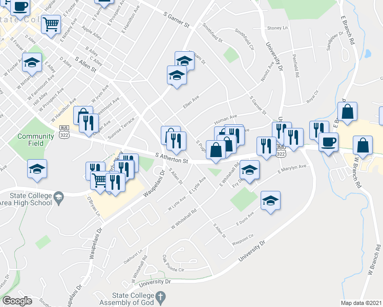 map of restaurants, bars, coffee shops, grocery stores, and more near 1426 South Pugh Street in State College