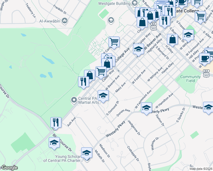 map of restaurants, bars, coffee shops, grocery stores, and more near 1027 Harley Alley in State College
