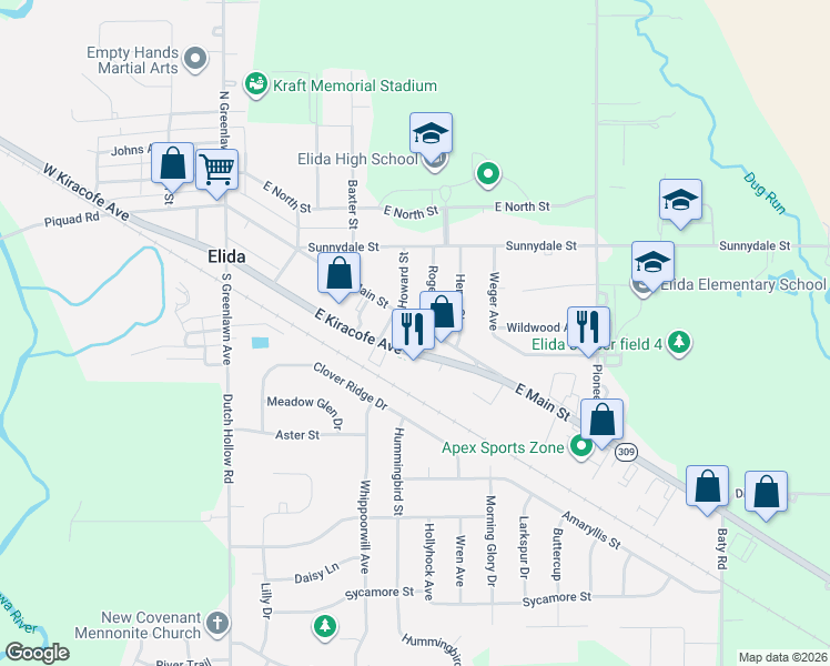 map of restaurants, bars, coffee shops, grocery stores, and more near 402 E Main St in Elida