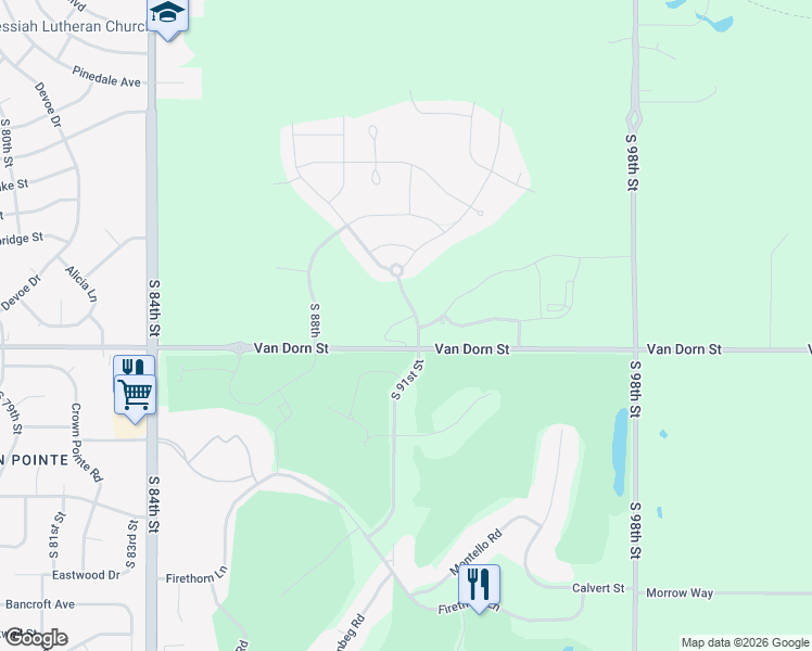 map of restaurants, bars, coffee shops, grocery stores, and more near 9080 Van Dorn Street in Lincoln