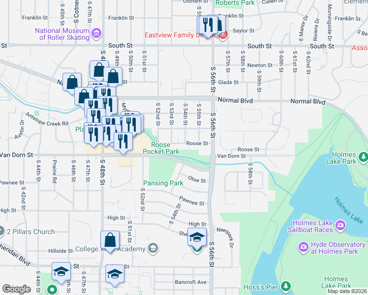 map of restaurants, bars, coffee shops, grocery stores, and more near 5403 Roose Street in Lincoln