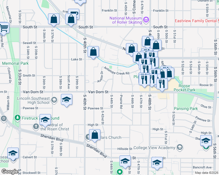 map of restaurants, bars, coffee shops, grocery stores, and more near 2724 Anderson Drive in Lincoln