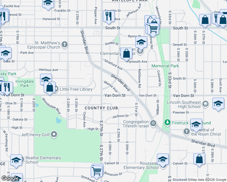 map of restaurants, bars, coffee shops, grocery stores, and more near 2825 Manse Avenue in Lincoln