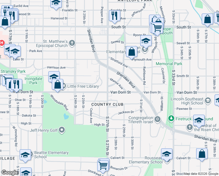 map of restaurants, bars, coffee shops, grocery stores, and more near 2753 South 27th Street in Lincoln