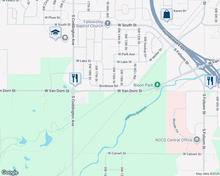 map of restaurants, bars, coffee shops, grocery stores, and more near 1511 Bordeaux Road in Lincoln