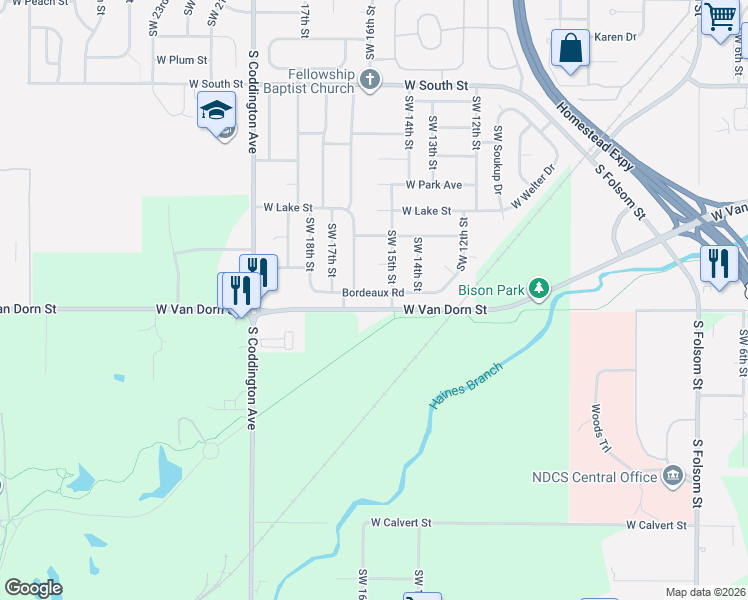 map of restaurants, bars, coffee shops, grocery stores, and more near 1511 Bordeaux Road in Lincoln