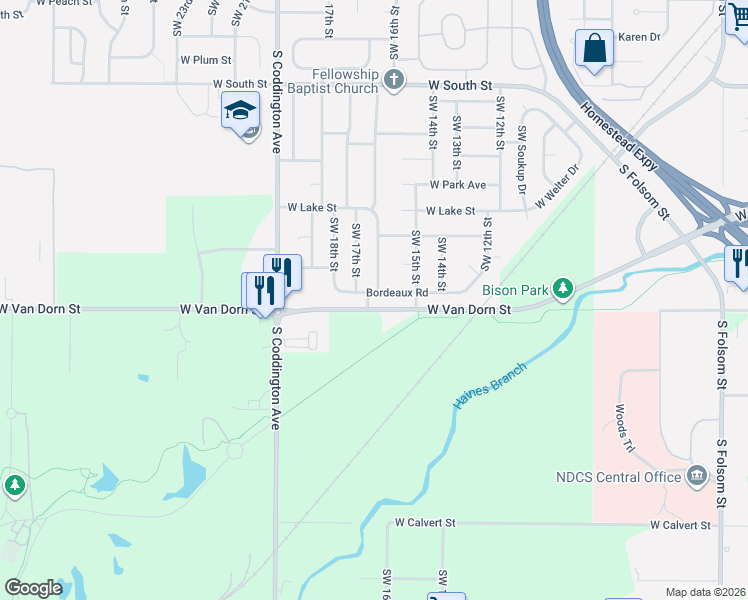 map of restaurants, bars, coffee shops, grocery stores, and more near 2700 Southwest 16th Street in Lincoln