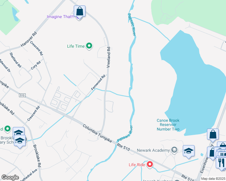 map of restaurants, bars, coffee shops, grocery stores, and more near 25 Vreeland Road in Florham Park