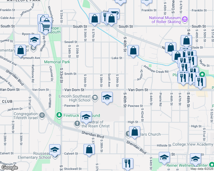 map of restaurants, bars, coffee shops, grocery stores, and more near 2767 Scott Avenue in Lincoln