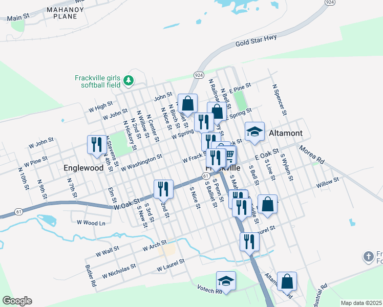 map of restaurants, bars, coffee shops, grocery stores, and more near 10 North Balliet Street in Frackville
