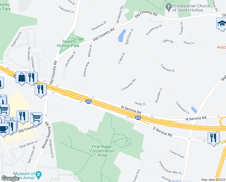 map of restaurants, bars, coffee shops, grocery stores, and more near 25 Cottontail Road in Melville