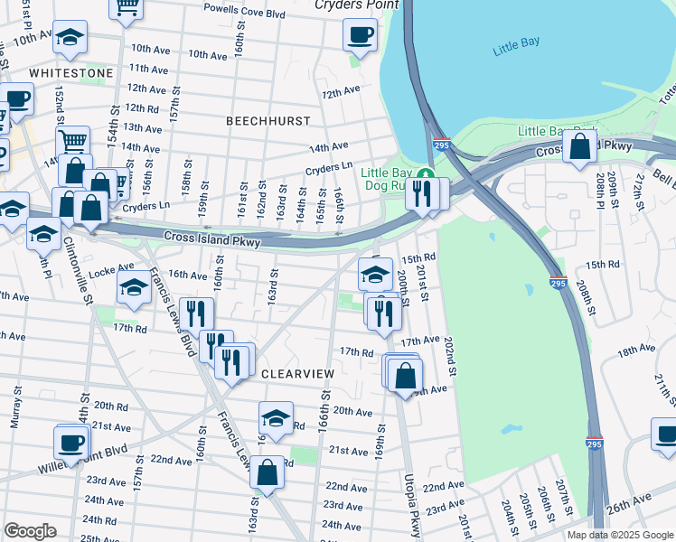map of restaurants, bars, coffee shops, grocery stores, and more near 165-98 15th Drive in Queens