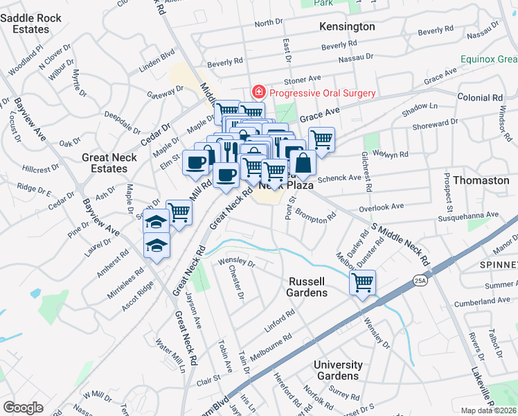map of restaurants, bars, coffee shops, grocery stores, and more near 50 Brompton Road in Great Neck