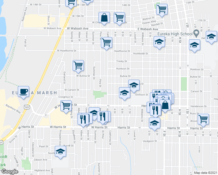 map of restaurants, bars, coffee shops, grocery stores, and more near 2523 California Street in Eureka