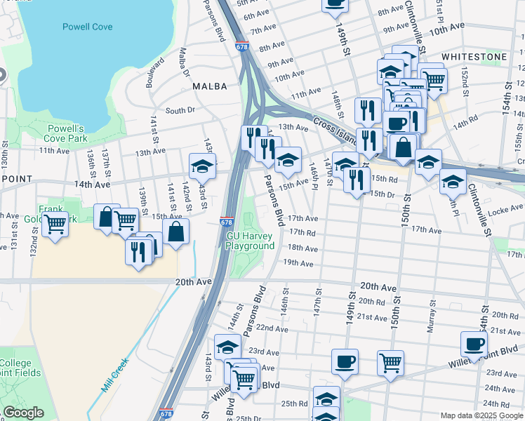 map of restaurants, bars, coffee shops, grocery stores, and more near 144-10 15th Road in Queens
