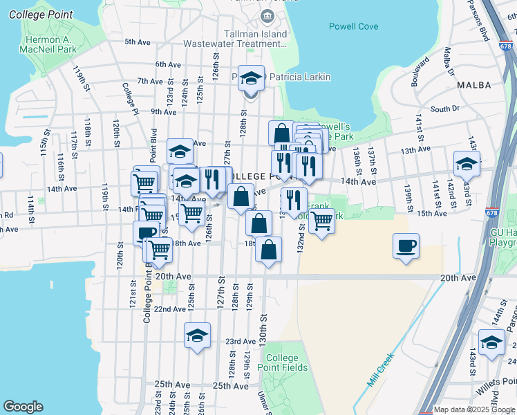 map of restaurants, bars, coffee shops, grocery stores, and more near 129-01 15th Avenue in Queens