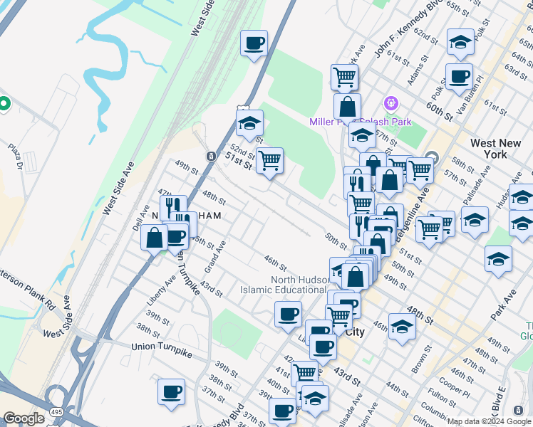 map of restaurants, bars, coffee shops, grocery stores, and more near 4813 Meadowview Avenue in North Bergen