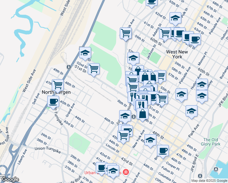 map of restaurants, bars, coffee shops, grocery stores, and more near 1153 51st Street in North Bergen