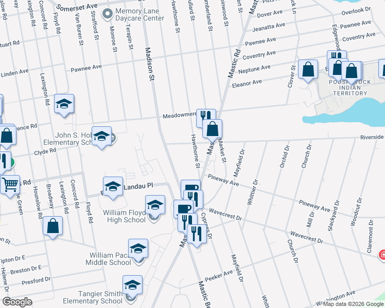 map of restaurants, bars, coffee shops, grocery stores, and more near 250 Hawthorne Street in Mastic Beach
