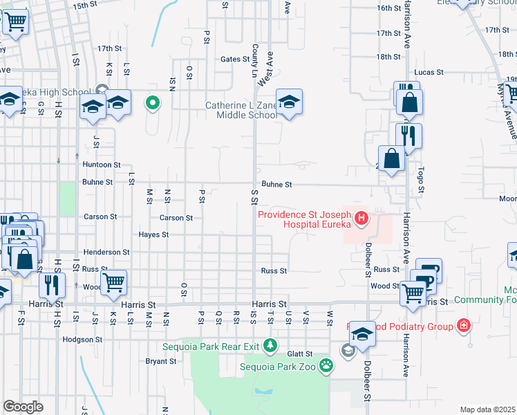 map of restaurants, bars, coffee shops, grocery stores, and more near 2511 S Street in Eureka