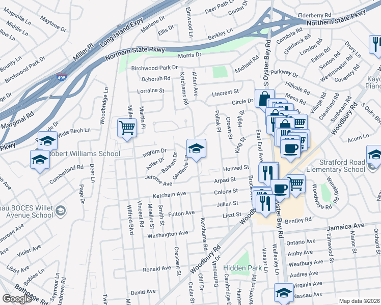 map of restaurants, bars, coffee shops, grocery stores, and more near 25 Gardenia Ln in Hicksville
