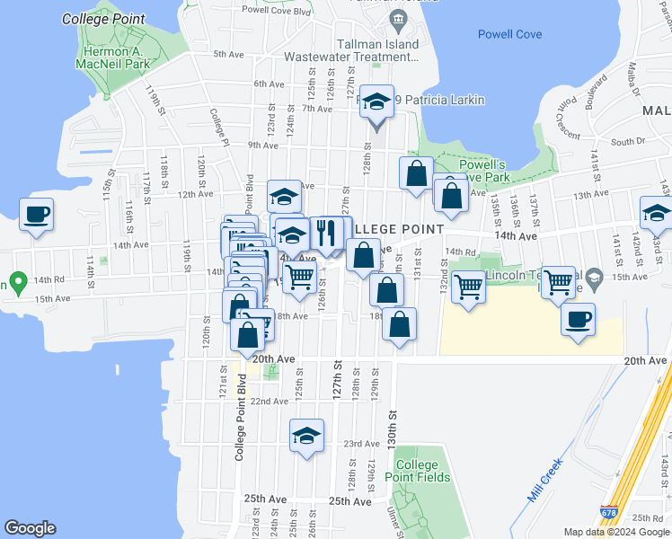 map of restaurants, bars, coffee shops, grocery stores, and more near 126-01 15th Avenue in Queens