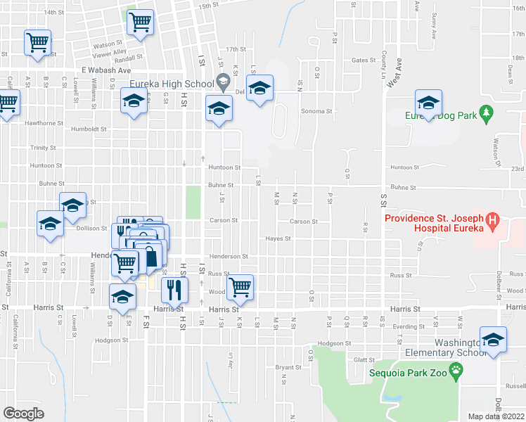 map of restaurants, bars, coffee shops, grocery stores, and more near 2525 L Street in Eureka