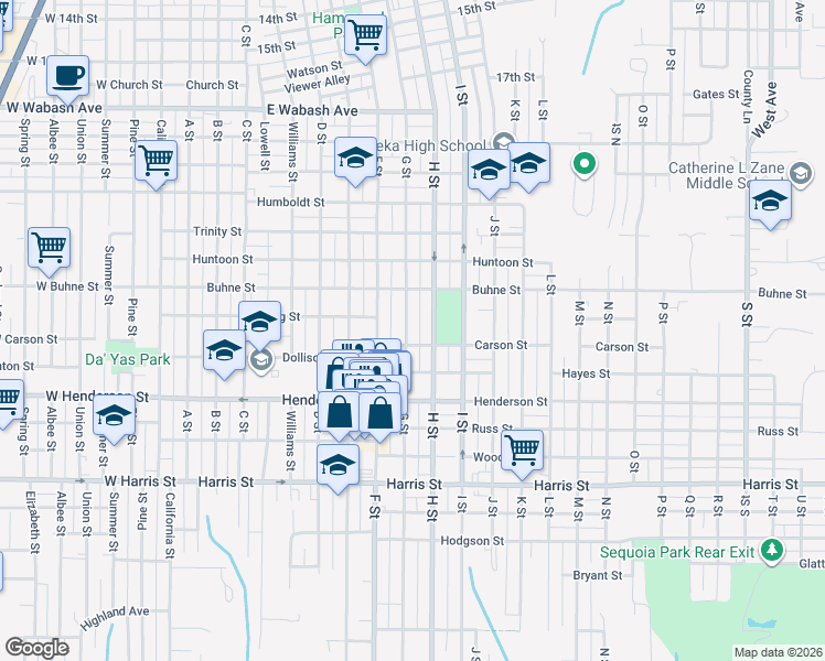 map of restaurants, bars, coffee shops, grocery stores, and more near 2514 G Street in Eureka