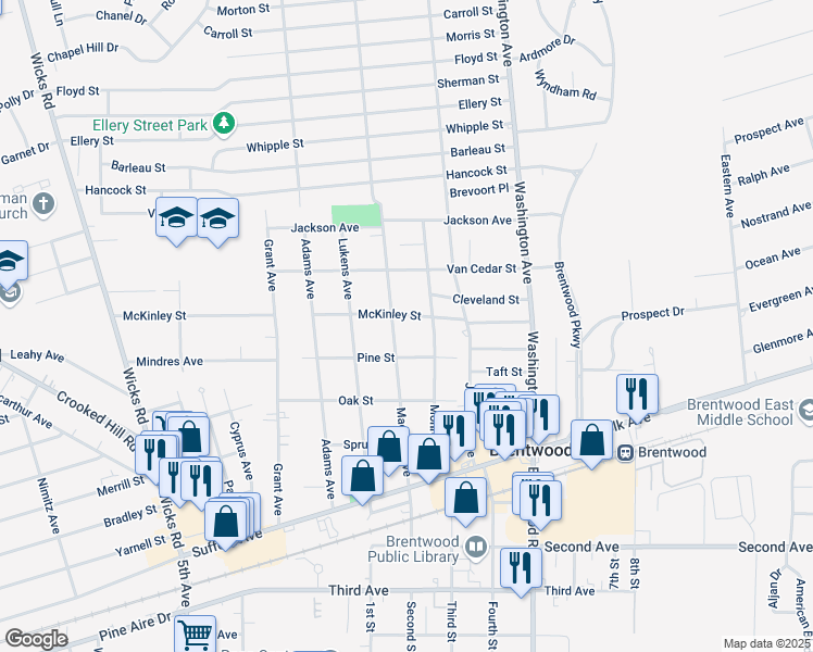 map of restaurants, bars, coffee shops, grocery stores, and more near 108 McKinley Street in Brentwood