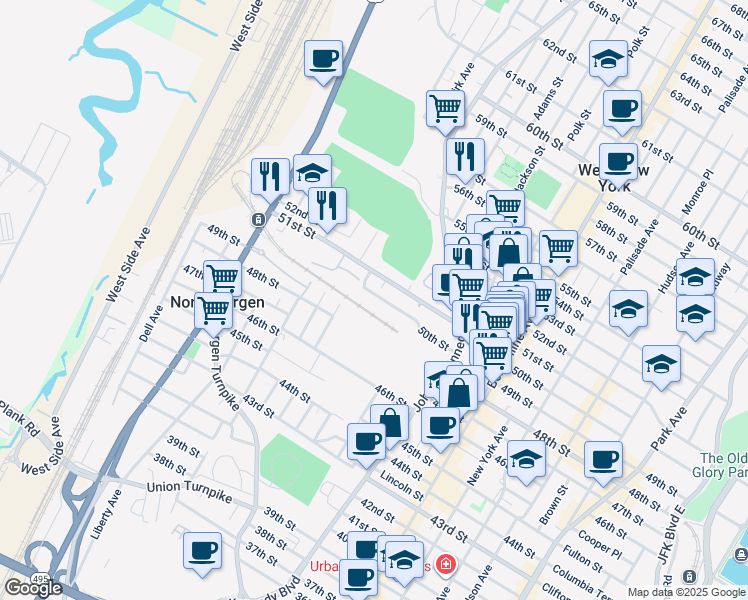 map of restaurants, bars, coffee shops, grocery stores, and more near 1207 50th St in North Bergen