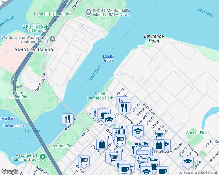 map of restaurants, bars, coffee shops, grocery stores, and more near 20-41 Shore Boulevard in Queens