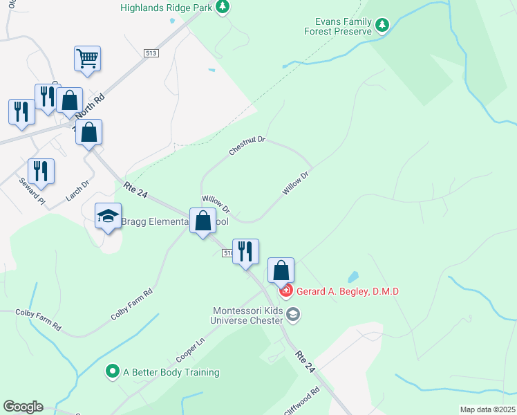 map of restaurants, bars, coffee shops, grocery stores, and more near 7 Willow Drive in Chester