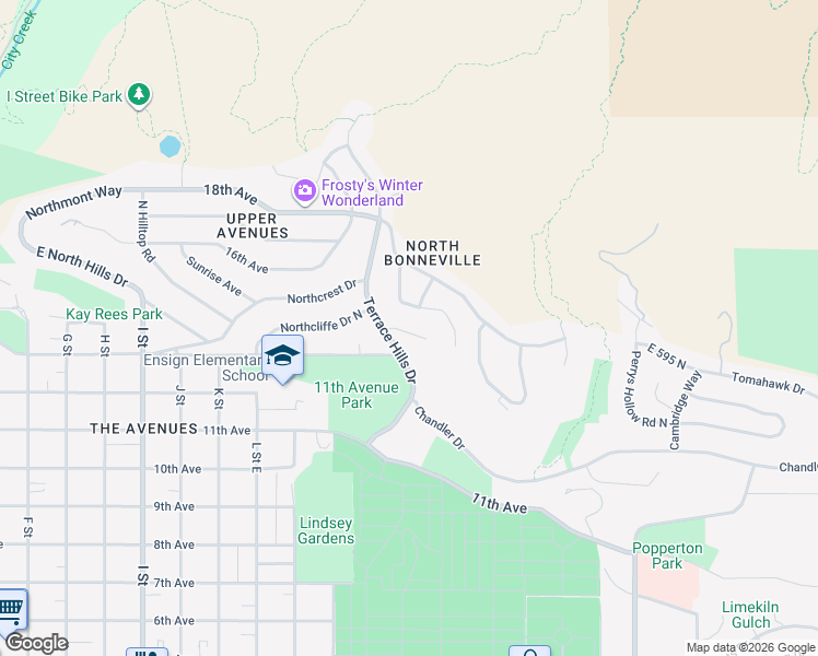 map of restaurants, bars, coffee shops, grocery stores, and more near 955 Northcliffe Drive North in Salt Lake City