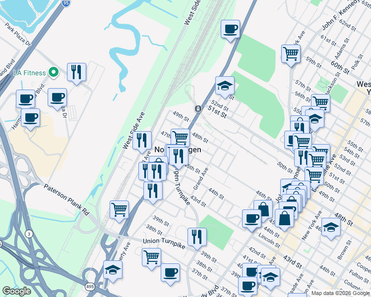 map of restaurants, bars, coffee shops, grocery stores, and more near 1716 46th Street in North Bergen