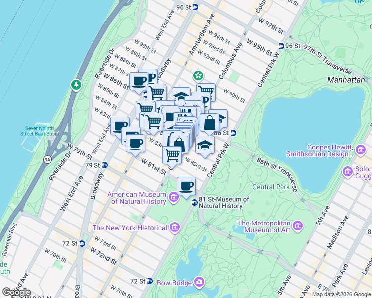 map of restaurants, bars, coffee shops, grocery stores, and more near 66 West 84th Street in New York