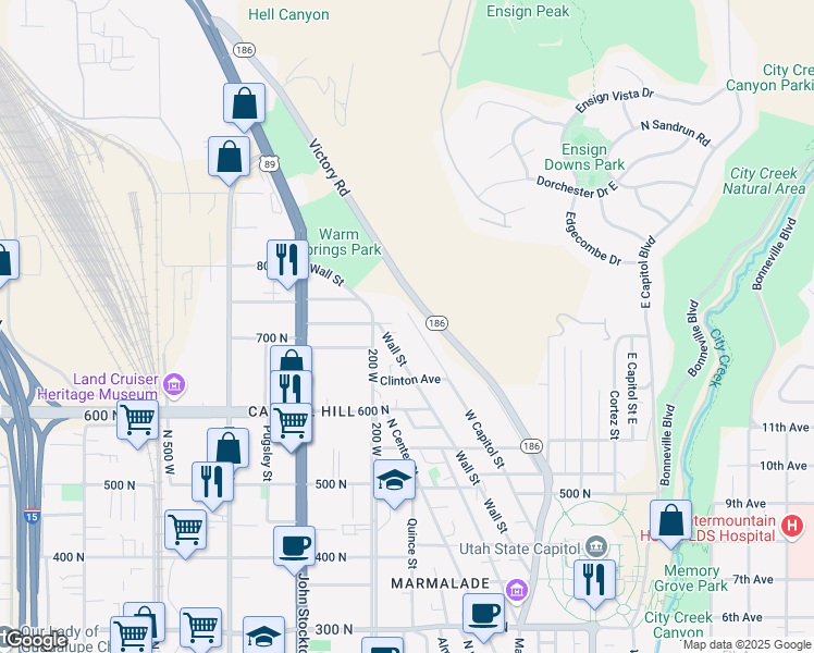 map of restaurants, bars, coffee shops, grocery stores, and more near 715 West Capitol Street in Salt Lake City