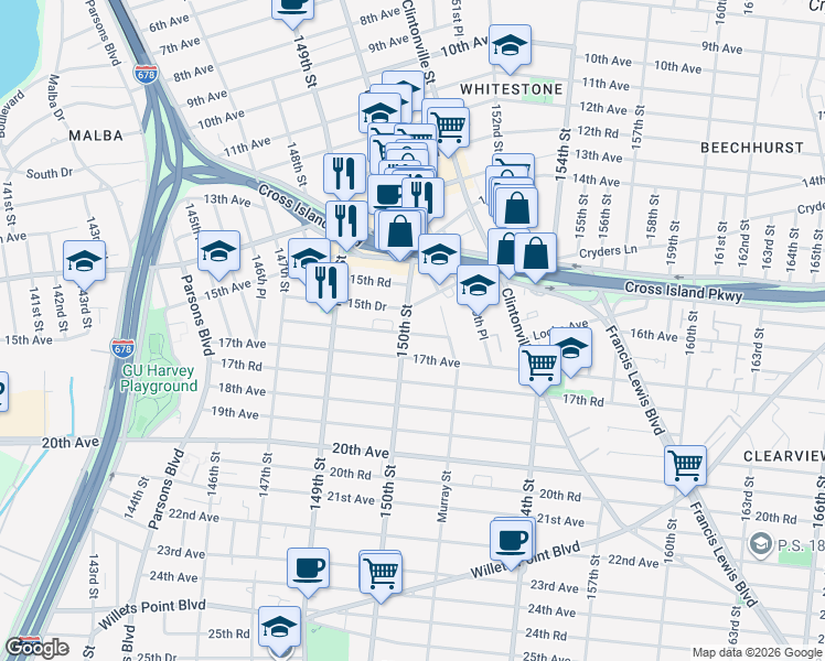 map of restaurants, bars, coffee shops, grocery stores, and more near 15-71 150th Street in Queens