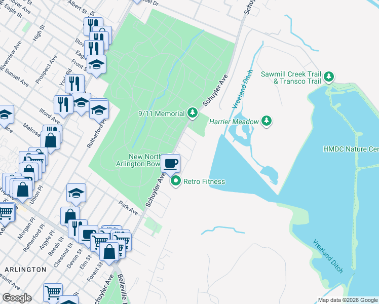 map of restaurants, bars, coffee shops, grocery stores, and more near 13 Bernice Road in North Arlington