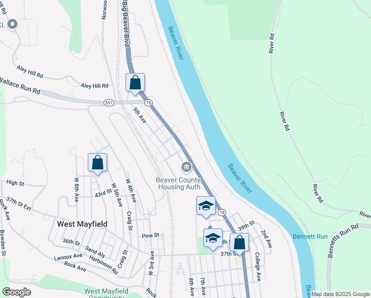 map of restaurants, bars, coffee shops, grocery stores, and more near 4436 Pennsylvania 18 in Beaver Falls