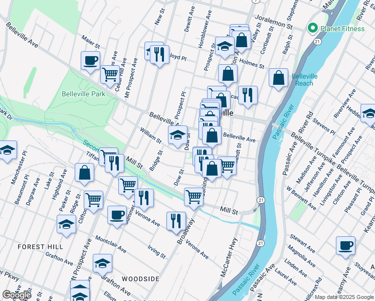 map of restaurants, bars, coffee shops, grocery stores, and more near 132 William Street in Belleville