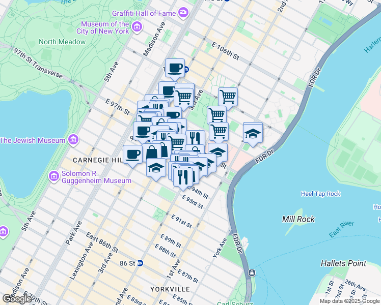 map of restaurants, bars, coffee shops, grocery stores, and more near 231 East 96th Street in New York
