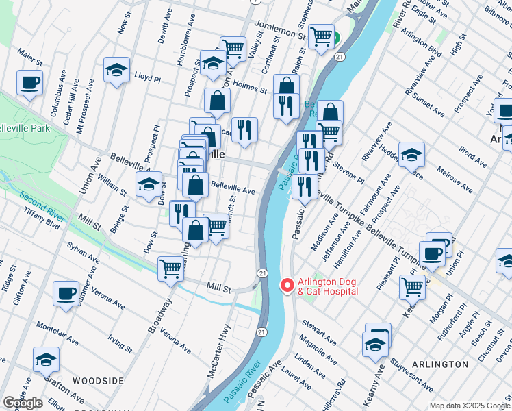 map of restaurants, bars, coffee shops, grocery stores, and more near 125 Main Street in Belleville