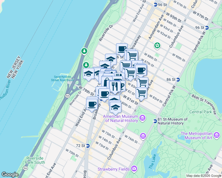 map of restaurants, bars, coffee shops, grocery stores, and more near 230 West 81st Street in New York