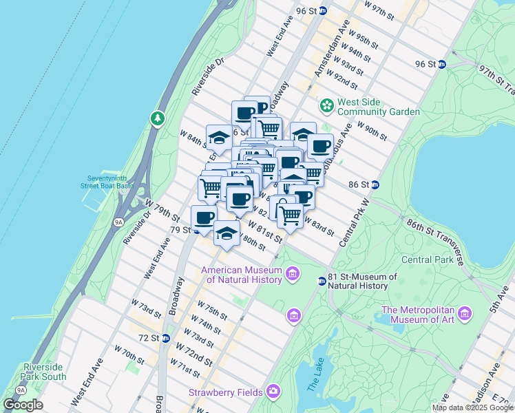 map of restaurants, bars, coffee shops, grocery stores, and more near 153 West 82nd Street in New York