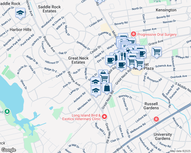 map of restaurants, bars, coffee shops, grocery stores, and more near 29 South Drive in Great Neck