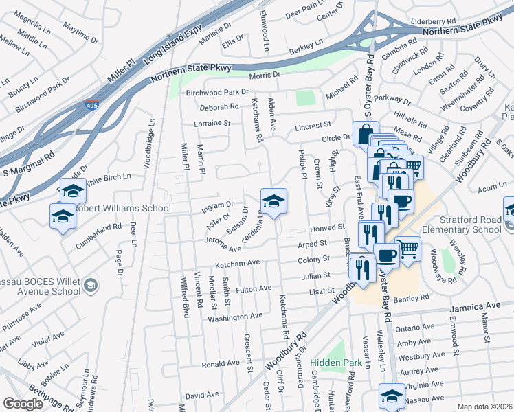 map of restaurants, bars, coffee shops, grocery stores, and more near 25 Gardenia Lane in Hicksville
