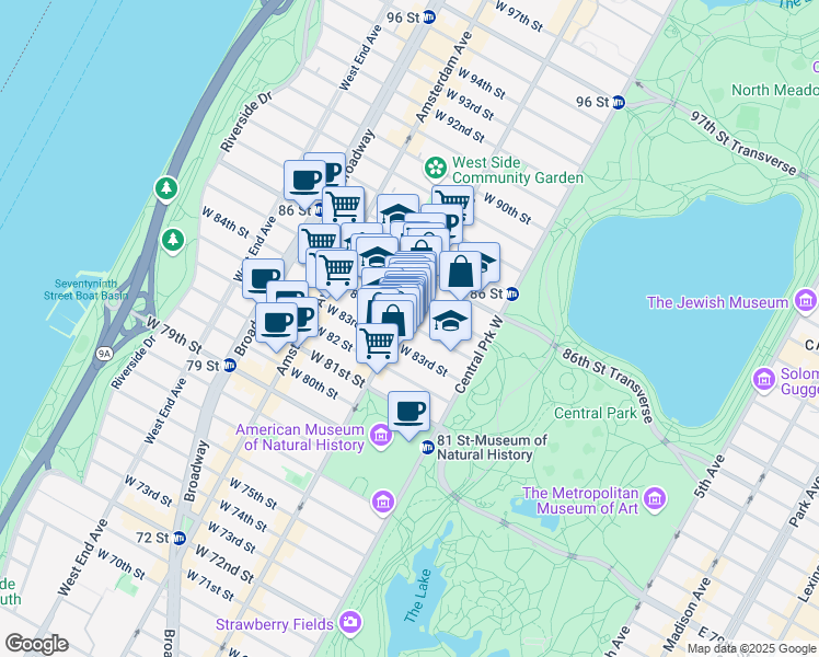 map of restaurants, bars, coffee shops, grocery stores, and more near 51 West 84th Street in New York