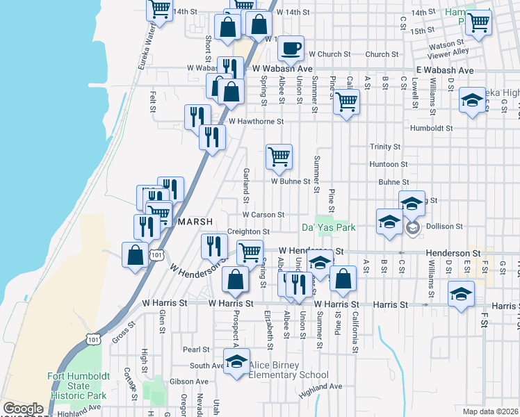 map of restaurants, bars, coffee shops, grocery stores, and more near 2532 Spring Street in Eureka