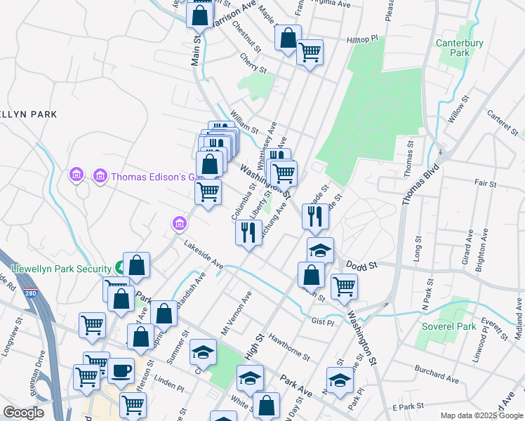 map of restaurants, bars, coffee shops, grocery stores, and more near 38 Liberty St in West Orange