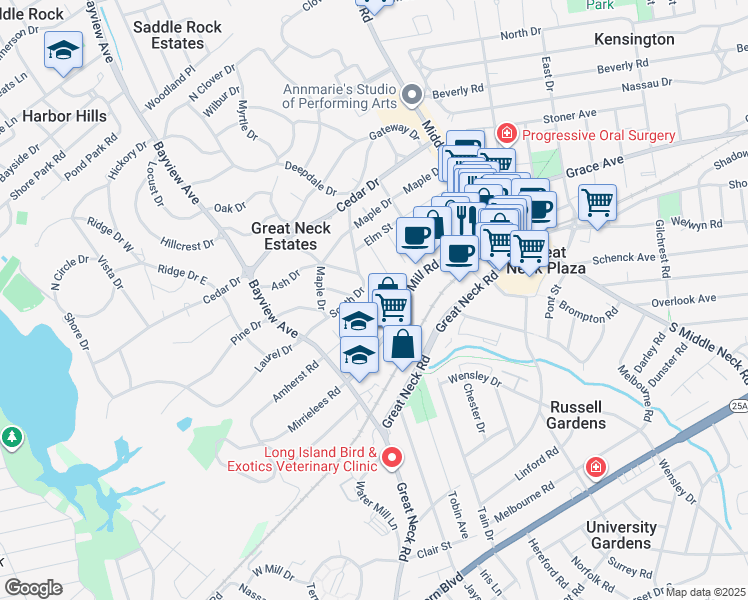map of restaurants, bars, coffee shops, grocery stores, and more near 9 Chelsea Place in Great Neck